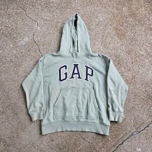 Vtg Y2k GAP Embroidered Arc Logo Spellout Earthtone Hooded Sweatshirt XXS Fit